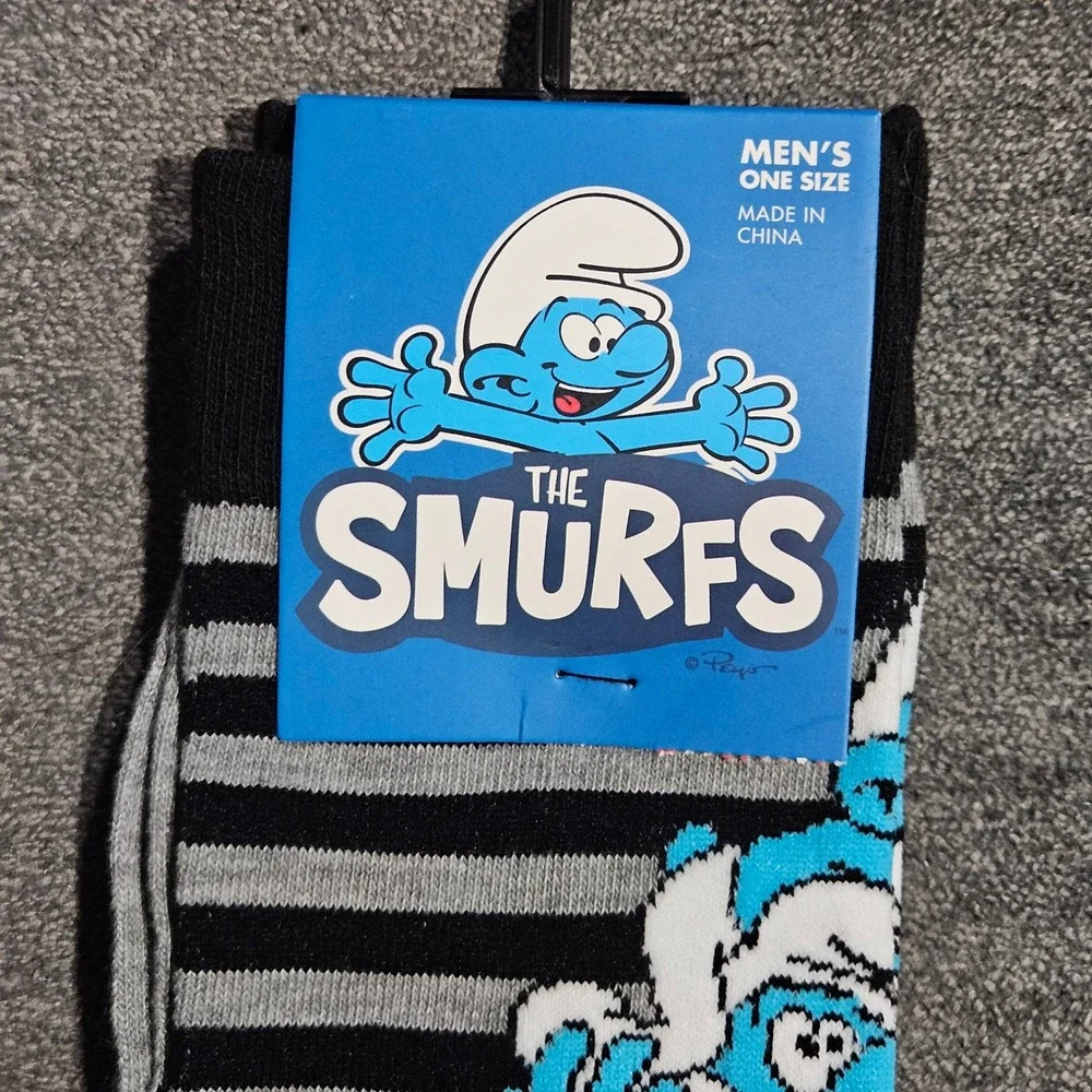 The Smurfs Mens Crew Socks Striped Graphic Grey Black One Size New